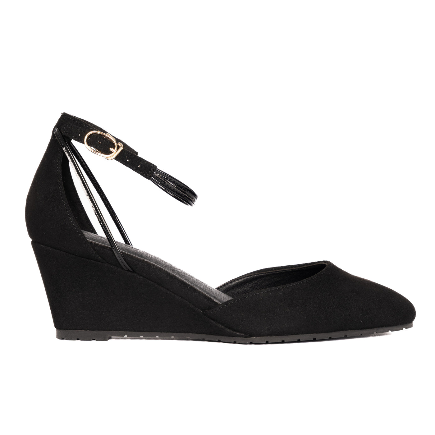 Steffie's Landmark Space 2-inch black suede wedge heel with RoamFoam cushioning