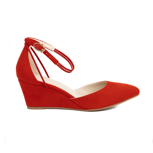 Red suede wedge shoes