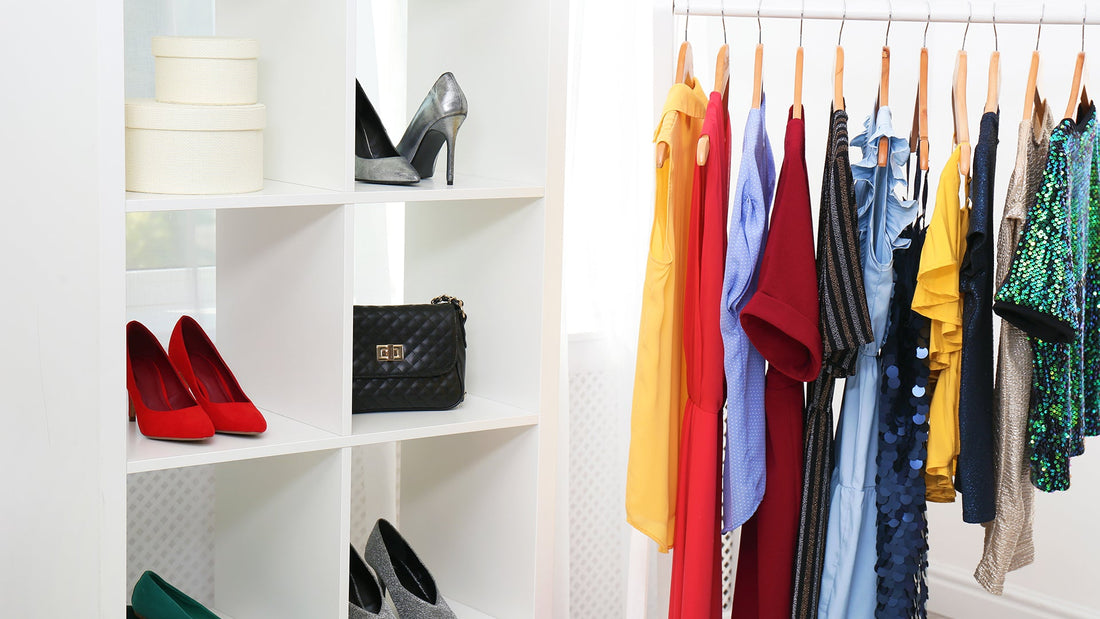 Organized wardrobe with colorful dresses and high heels displayed on shelves, illustrating fashion choices that may prioritize aesthetics over comfort.