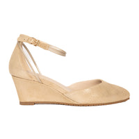 Steffie's Landmark Palace 2-inch gold suede wedge heel with RoamFoam cushioning