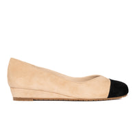 Steffie's Journey Sand beige suede ballet flat with black cap toe and RoamFoam cushioning